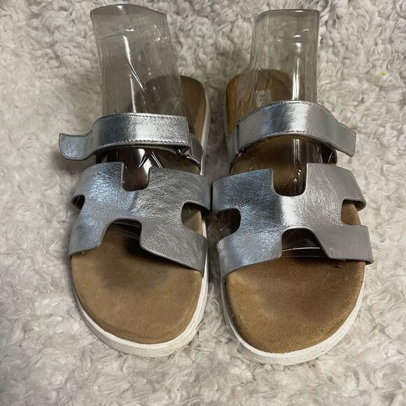 Steve Madden Mayen leather silver Adjustable Slide Sandals SZ10M - Picture 1 of 6